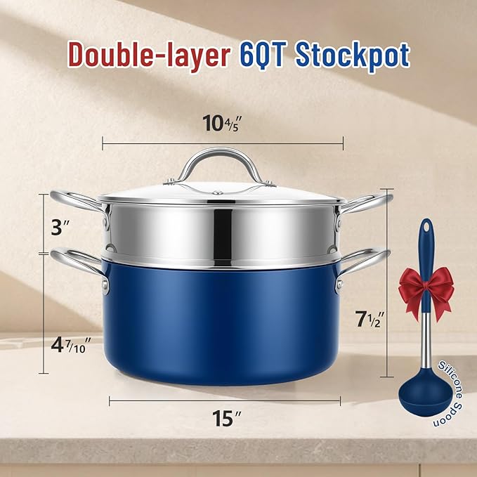 AOSION 6 Quart Steamer Pot With Lid, Nonstick Ceramic Steam Pot with Ladle, 2-Tier Multipurpose Steamer for Cooking with Vegetable,Soup, Stews,Dumplings,Oven & Dishwasher Safe