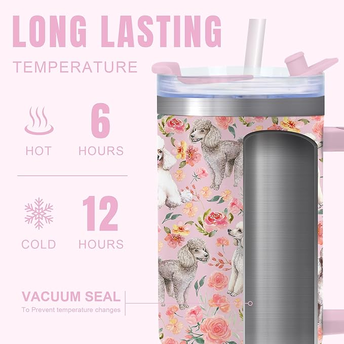 Yogusut Poodle Gifts for Women, 40oz Stainless Steel Insulated Tumbler Travel Mug Cup with Handle Straw, Gifts for Dog Mom Dog Lover