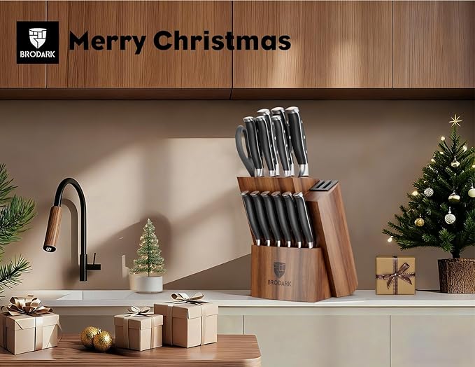 BRODARK Kitchen Knife Set: Full Tang 15 Pcs Professional Chef Knife Set with Sharpener, Razor-sharp Knives Set for Kitchen, German Stainless Steel Knife Block Set, Steel-king Series for Christmas Gift
