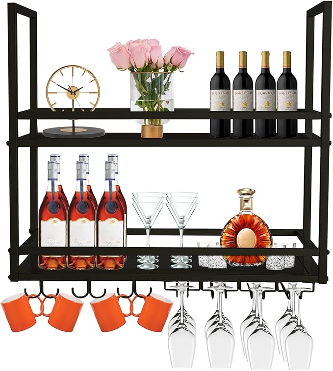 47.2in Ceiling Wine Glass Rack, Industrial Wall Mounted Wine Rack, Hanging Wine Rack, 2-Layer Iron Bottle Holder Wine Shelf with Glass Holder (Black, 47.24INCH)