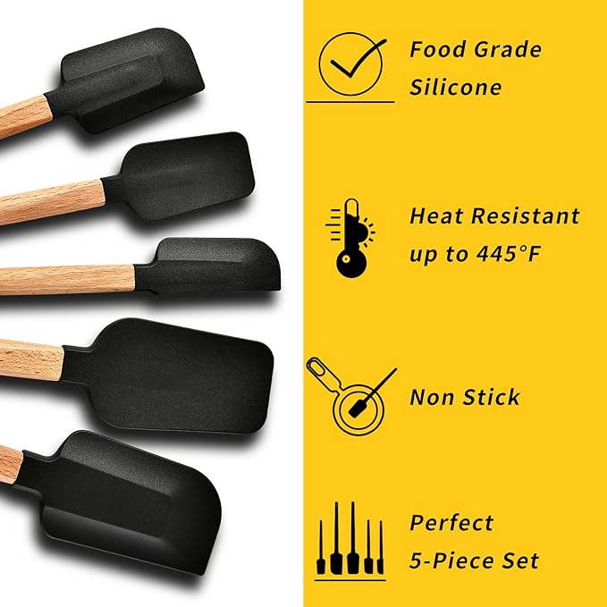 Non-Stick Rubber Spatula Set 5 Pieces - Food Grade Silicone Spatulas, Spoon Scraper, Jar Scraper, Flat Scraper for Baking Cooking Mixing Frosting - 600째F Heat Resistant (Cream White)