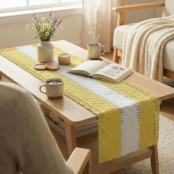 Artoid Mode Yellow Farmhouse Rustic Table Runner, Seasonal Hollow Kitchen Dining Table Decoration for Home Party Decor 12x48 Inch