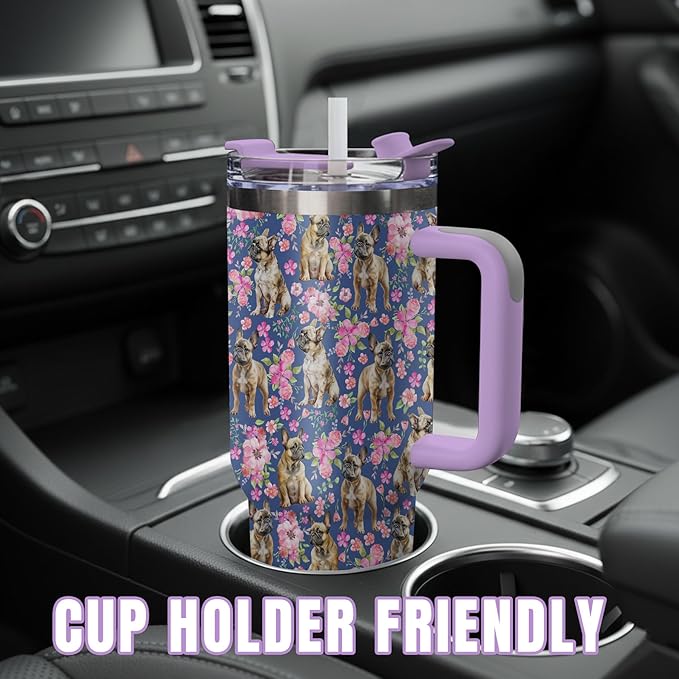 Yogusut Bulldog Gifts for Women, 40oz Stainless Steel Insulated Tumbler Travel Mug Cup with Handle Straw, Gifts for Dog Mom Dog Lover