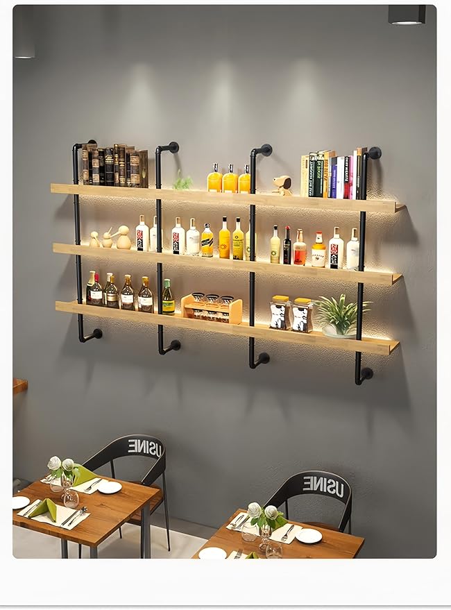 47 Inch Large Wall Mounted Wine Rack, 3 Tier Industrial Pipe Shelf Rustic Wood Floating Shelves, Wall Bar Shelves for Liquor Bottles Display Storage Organizer for Dining Room(Natural, No Lights)