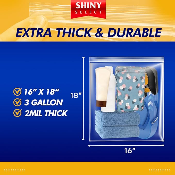 3 Gallon Large Storage Bag, 16?쓝18?? 50 Count ??Big Clear Plastic Resealable Zip & Lock Bag, 2 Mil Heavy Duty for Fruits, Vegetables, Meat Marinate, Office Supplies, Toys, Books, Gears