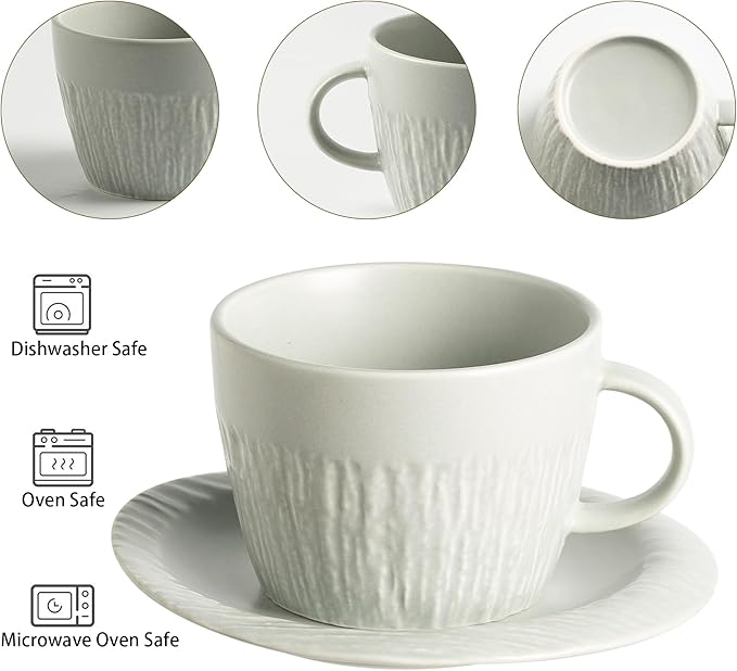 Ceramic Latte Cup with Saucer, 7 oz, Coffee Mug, Espresso Cups for Cappuccino, Milk Tea and Mocha, Dishwasher and Microwave Safe (grey)