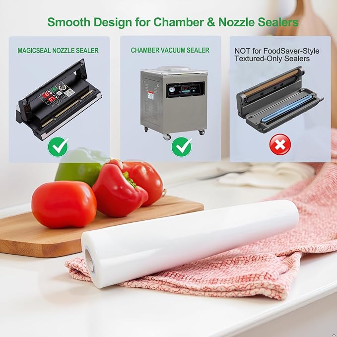 MAGIC SEAL Chamber Vacuum Sealer Bags 15'' x 50' Rolls, Smooth Food Storage Bags for Meal Prep & Sous Vide, Commercial Grade BPA Free, Non-Textured, Not Compatible with FoodSaver-Type Vacuum Sealers