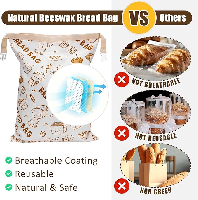 2 Pack Beeswax Bread Bags for Sourdough Reusable Bread Bags Food Storage Bag Large Capacity Portable Freshness Preservation Homemade Sourdough Bread Storage Bag