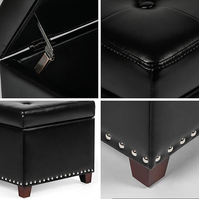 Joveco 47 Inch Storage Ottoman Bench,Tufted Leather Storage Bench with Nailhead Trim for Bedroom (47??Black)