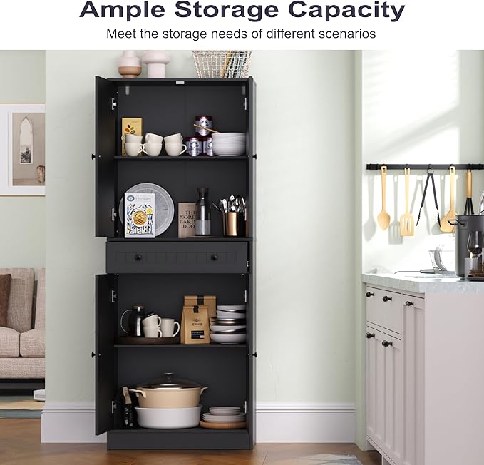 Kitchen Pantry Storage Cabinet, 71" H Farmhouse Pantry Cabinet with 4 Doors & Drawer, Freestanding Cupboard with Adjustable Shelves, Rustic Wood Cupboard for Kitchen, Dining Room, Black