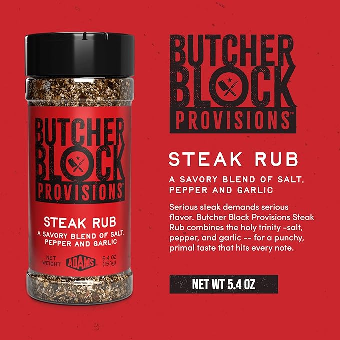 Butcher Block Provisions - Steak Rub - Savory Salt, Pepper & Garlic Blend - Bold Seasoning with Red Pepper, Dill & Paprika for Steaks - 5.4 oz