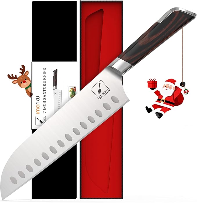 imarku Damascus Chef Knife, Ultra Sharp Japanese Santoku Knife 7 Inch, Professional Grade Powder Steel Forged Damascus Kitchen Knife, Pakka Wood Ergonomic Handle, Gifts for Women and Men