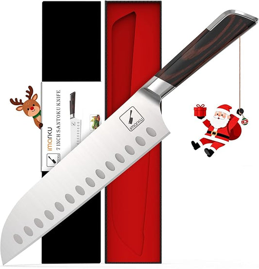 imarku Damascus Chef Knife, Ultra Sharp Japanese Santoku Knife 7 Inch, Professional Grade Powder Steel Forged Damascus Kitchen Knife, Pakka Wood Ergonomic Handle, Gifts for Women and Men