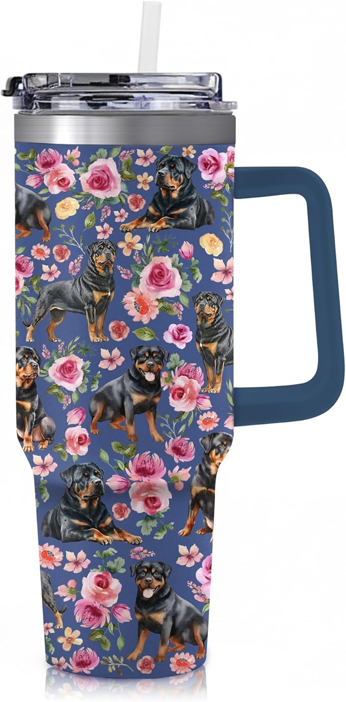 Yogusut Rottweiler Gifts for Women, 40oz Stainless Steel Insulated Tumbler Travel Mug Cup with Handle Straw, Gifts for Dog Mom Dog Lover