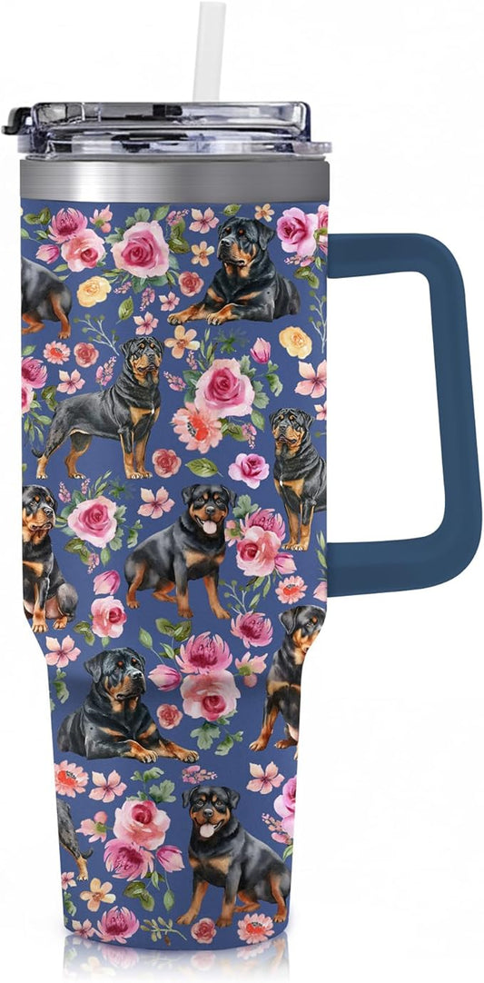 Yogusut Rottweiler Gifts for Women, 40oz Stainless Steel Insulated Tumbler Travel Mug Cup with Handle Straw, Gifts for Dog Mom Dog Lover