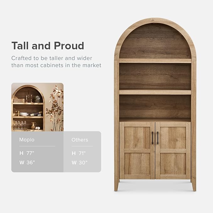 mopio Lauren 77.4" Tall Arched Cabinet, The Original 5-Tier Bookcase with Doors and Adjustable Shelves, Arch Bookshelf with Storage, Wooden Storage Cabinet for Living Room and Kitchen Pantry (Oak)