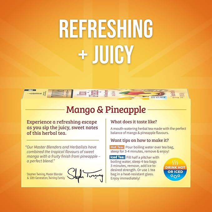 Twinings Mango & Pineapple Herbal Tea Individually Wrapped Bags, 20 Count (Pack of 2), Naturally Caffeine-Free, Enjoy Hot or Iced, 20 Teabags