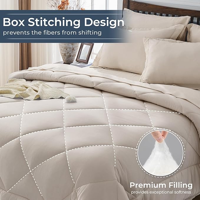 HEVUMYI Beige Tan Twin Comforter Set - 5-Piece All Season Bed in a Bag Twin, Ultra Soft Bedding Set with Comforter, Flat Sheet, Fitted Sheet, Pillowcases, Pillow Shams, Beige Tan
