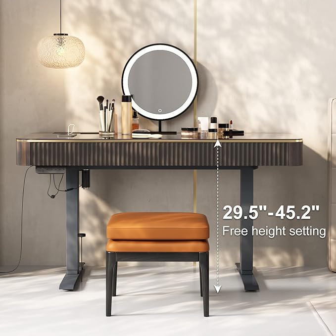 Lartis Vanity Table with Stool,Electric Lift Vanity Desk,Vanity Set竊똗p and Down Desk, Standing Vanity with Drawer (Black Brown, 50 in)
