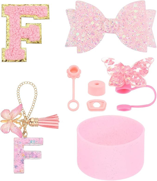 uxcell 8Pcs Cup Accessories Set for Cup Tumbler with Handle, Including Silicone Straw Cover, Boot, Spill Proof Stopper, Handle Charm, Initials Sticker(Letter F, Pink)