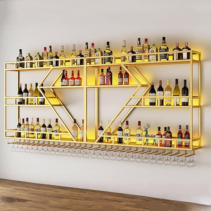 Wall Mounted Wine Rack, Large Metal Wine Bottle Holder, Modern Fashion Diamond Shaped Floating Bar Unit Wine Storage Shelves, for Home Restaurant Bars Decor (Gold, 3 Tier - 95in)