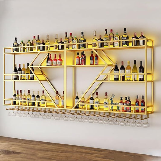 Wall Mounted Wine Rack, Large Metal Wine Bottle Holder, Modern Fashion Diamond Shaped Floating Bar Unit Wine Storage Shelves, for Home Restaurant Bars Decor (Gold, 3 Tier - 95in)