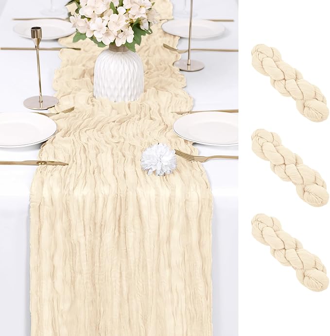 RealBox 3 Pack Ivory Cheesecloth Table Runner 17x108 Inch Semi Sheer Boho Gauze Cheese Cloth Fabric Table Runners Table Decor for Wedding Party Baby Shower Birthday Home Decor Garden Farmhouse