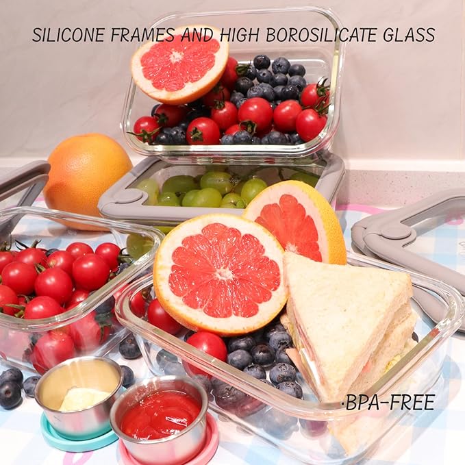 Glass Food Storage Containers with Silicone Glass Lids, 304 Stainless Steel Salad Dressing Containers, Microwave-safe LeakProof Food Containers Set, 100% Plastic Free-4-pack（Grey）