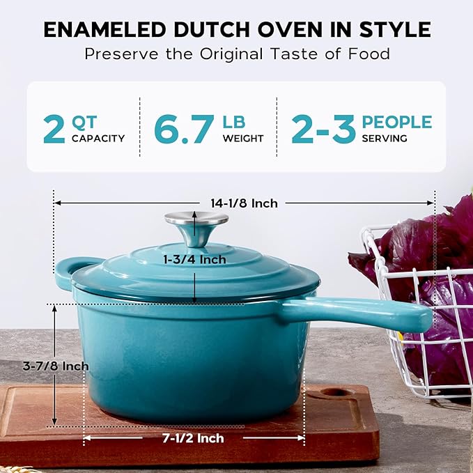 Onader Enameled Cast Iron Sauce Pan, 2QT Saucepan with Lid, Small Cast Iron Pot for Cooking, Enamel Dutch Oven Nonstick & Heavy Duty ??Dark Cyan