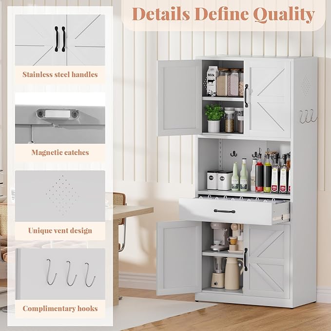 72" Tall White Steel Kitchen Pantry Storage Cabinet with Large Countertop and Adjustable Shelves, Metal Farmhouse Cabinets for Living Room, Bathroom, Heavy Duty Rustic Pantry