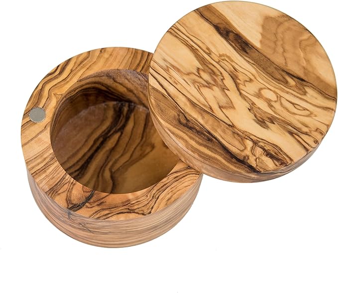 Lipper International Olive Wood Salt or Spice Box with Swivel Cover, 3 5/8" Diameter x 2 1/2" Tall