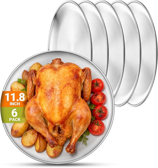Stainless Steel Plates, 6 Pack 11.8 inch Large 201 Metal Food Serving Plate Set, Reusable Snack Eating Dishes Round Shatterproof Brushed Finish Dish Silver Dinner Lunch Oven Dishwasher Safe