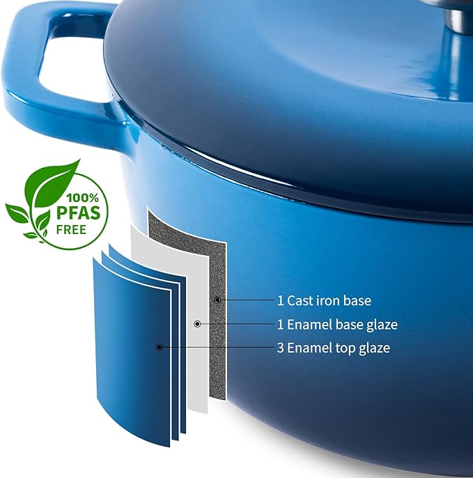Enamel Cast Iron Dutch Oven with Lid,Dual Handles,Heavy-Duty Cookware for Sourdough Bread Baking,Braising,Stews,Roasting,Oven Safe up to 500째 F,5QT,blue