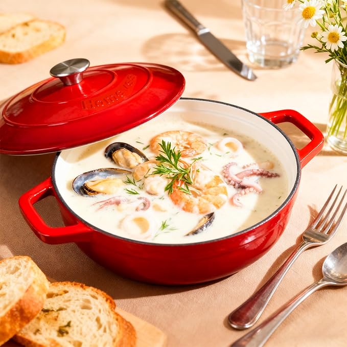 Enameled Cast Iron Dutch Oven - 4 Quart Dutch Oven Pot with Lid - Shallow Cookware Braising Pan - Oven Safe up to 500째 F for Baking, Roasting, and Braising-Red