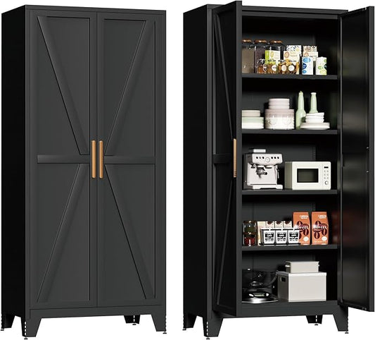 71"H Kitchen Pantry Storage Cabinet,Metal Black Food Pantry with 2 Door and 4 Adjustable Shelves,Laundry Room Freestanding Cabinet,Tall Hutch Cabinet,Large Farmhouse Cupboard for Dining Living Room