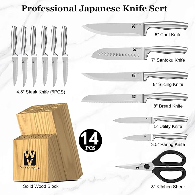 Knife Set, Knife Block Set Stainless Steel, Premium Knives Set For Kitchen, 14 Pieces Knife Set with Block, Dishwasher Safe, Ergonomic Handle, Natural Wooden Block, Gifts For Women