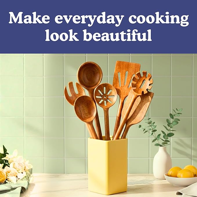 Non-Toxic Wooden Spoons for Cooking??7-Piece Kitchen Utensils Set, Glue-Free & One-Piece Cooking Utensils, Natural Wooden Utensil Set with Plant-Based Finish, Free of Forever Chemicals