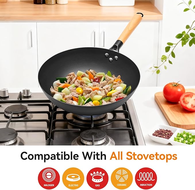 12.6" Carbon Steel Wok Pan, Flat Bottom Stir Fry Pan with Wooden Handle, Traditional Chinese Iron Cookware, Compatible with Gas, Electric & Induction Cooktops