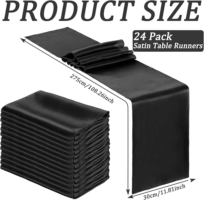 Bencailor 24 Pcs Black Satin Table Runner Bulk 12 x 108 Inches Long Table Runners Bright Smooth Fabric Tablecloth for Wedding Banquet Birthday Valentines St Patrick's Day Party Decorations