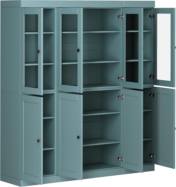 Palace Imports 100% Solid Wood Kitchen China Pantry Cabinet, 65" W - 4 Clear Glass & 4 Shaker Doors, Renewable Eco-Friendly Wood, Made in Brazil (Aqua, 8 China/Shaker Doors | NO Drawers)