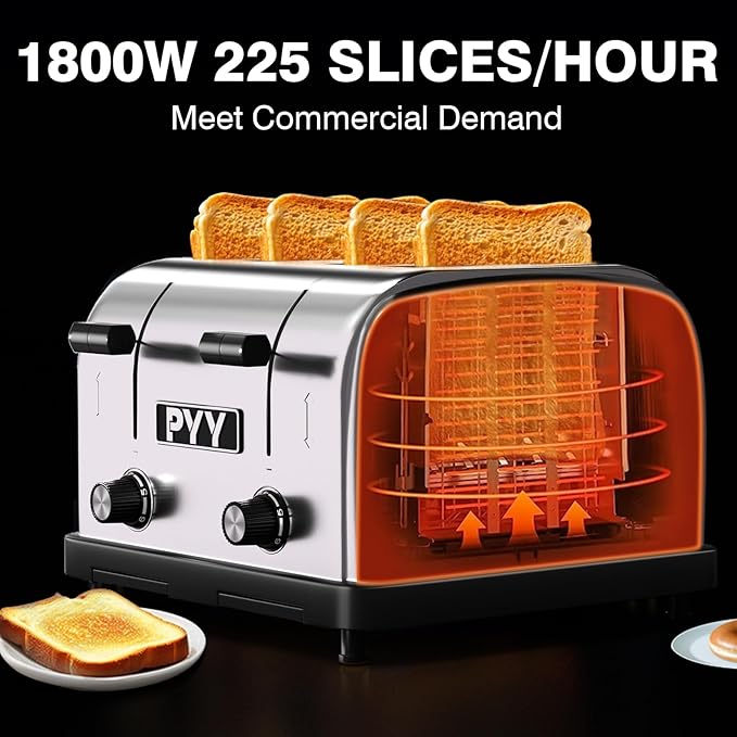 PYY Commercial Toaster 4 Slice for Restaurant - Wide Slots 1.57 inch Stainless Steel 6-Level Setting, 225 Slices/Hour 1800W - Bread, Bagels, Breakfast, Toast