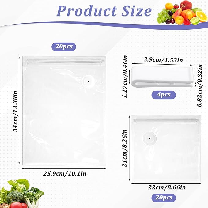 40 Packs Vacuum Sealer Bags Air Valve Vacuum Sealing Bags Vacuum Storage Seal Bag for Food Saver, Resealable Meal Bags with Air Valve with 4 Seal Clips