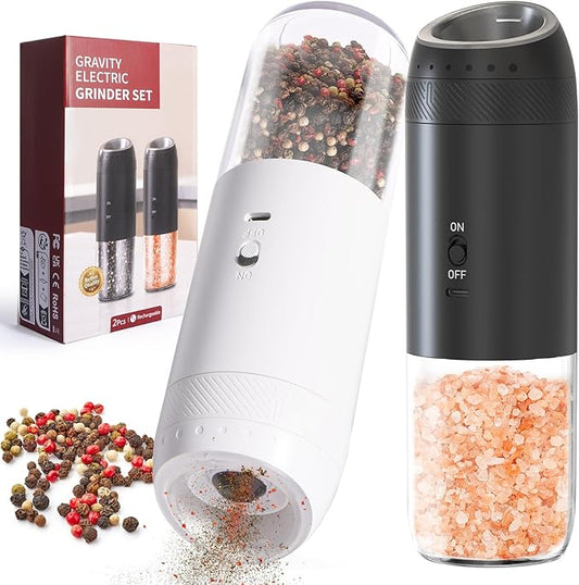 2 Pack Gravity Rechargeable Electric Salt and Pepper Grinder Set, Automatic Salt Pepper Shaker, LED Light One Hand Operation, Washable 176ML Container, Adjustable Coarseness, Black+White