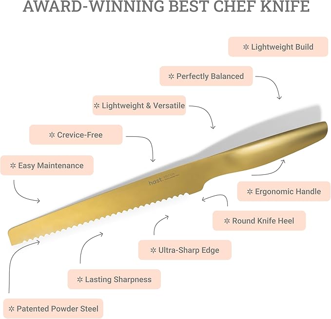 HAST Edition 8-Inch Serrated Bread Knife, Ultra-Sharp Professional Bread Slicing Knife, Advanced Powder Steel, Lightweight, Comfortable Ergonomic & Award-Winning Design(Titanium Gold)
