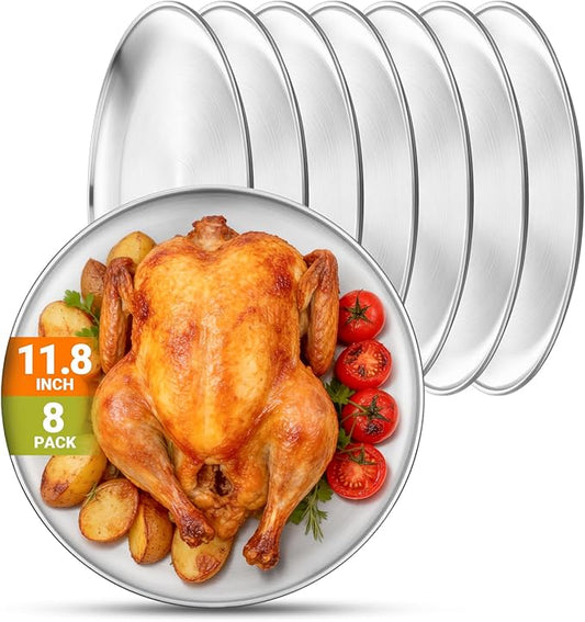 Stainless Steel Plates, 8 Pack 11.8 inch Large 201 Metal Food Serving Plate Set, Reusable Snack Eating Dishes Round Shatterproof Brushed Finish Dish Silver Dinner Lunch Oven Dishwasher Safe