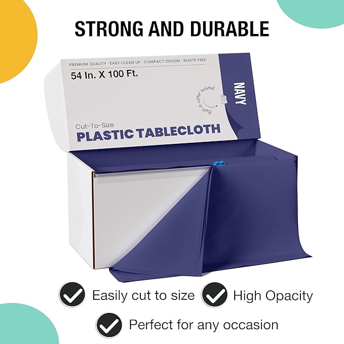 Party Solids 54 Inch X 100 Feet Navy Plastic Table Cover Roll in A Cut - to - Size Box with Convenient Slide Cutter. Cuts Up to 12 Rectangle 8 Feet Plastic Disposable Tablecloths