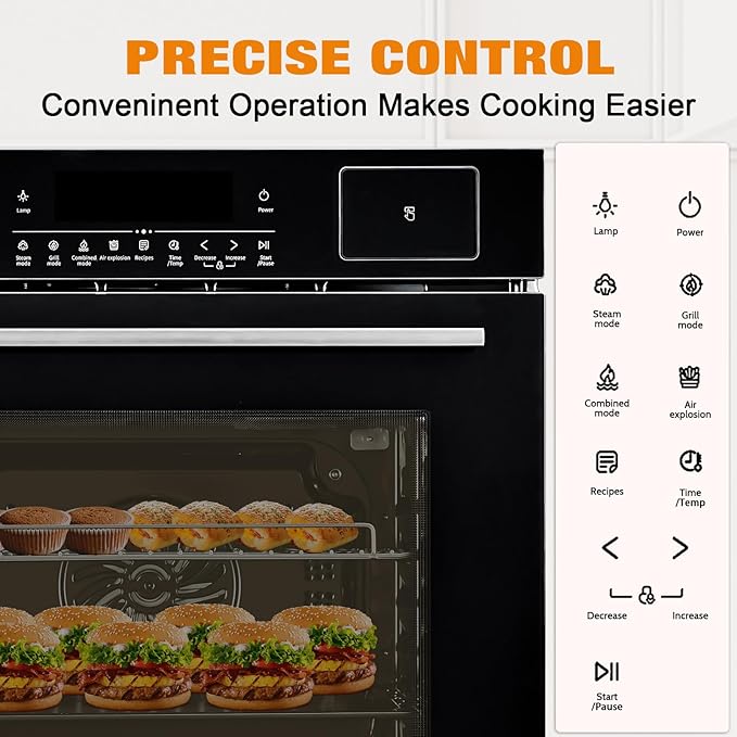 24" Built-in Single Wall Oven, 2.5 Cu.Ft (70L) Capacity - Electric Oven with Steam Bake, Air Fry & 3D Convection, Touch Controls, Timer, Safety Lock, Triple-Layer Glass Door, 3000W 240V, Black