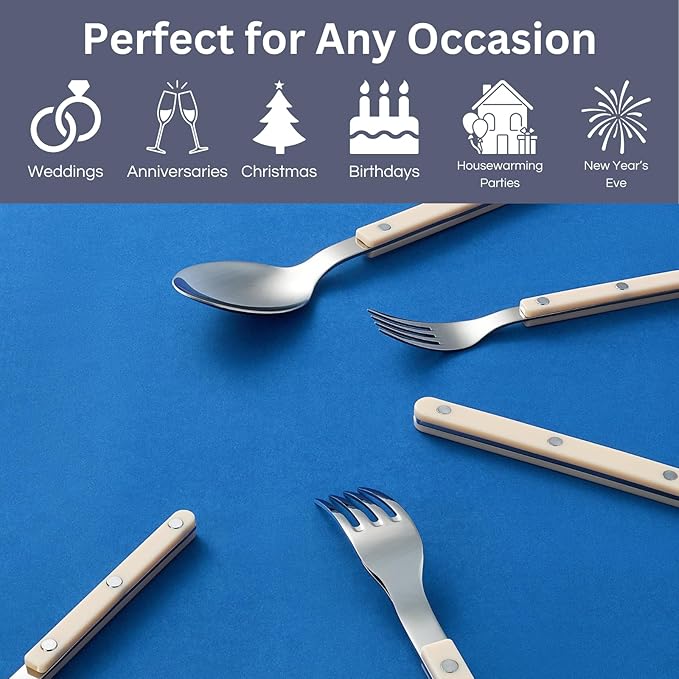 Khen Cutlery Set of 20, 18/8 Stainless Steel Flatware, Modern Silverware for Home, Kitchen, Dining & Table Setting for 4 ??Stainless Steel, Dishwasher Safe, Lightweight & Ergonomic Design Gift - Cream