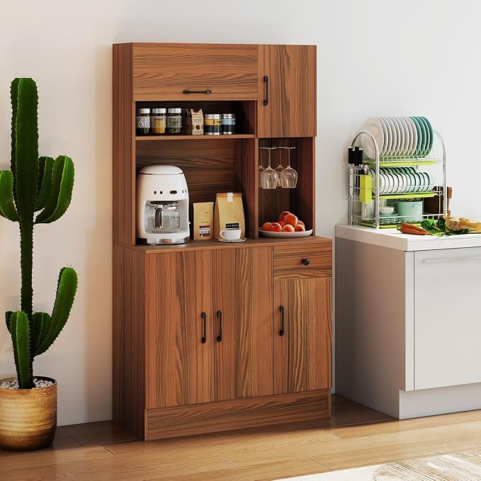 Giantex Kitchen Pantry Cabinet with Charging Station, 66" Hutch Cabinet w/Microwave Stand, Storage Drawer, Adjustable Shelves & Wine Glass Holder, Buffet Cupboard for Coffee Bar, Living Room, Walnut