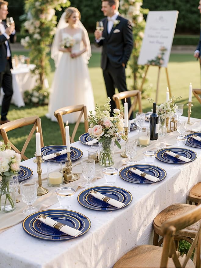 350PCS Navy Blue and Gold Plastic Plates with Rolled Napkins Include Dinner Plate 10?쇺? Dessert Plate 7?쇺? gold Cups 9 OZ, Pre Rolled Napkins 25 of each type for Party/Birthday/Wedding